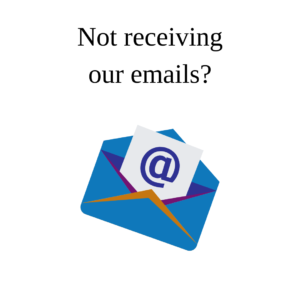 "Not receiving our emails?" in black text on a white background, over an illustration of an open envelope with a letter peeking out with a large @ visible.