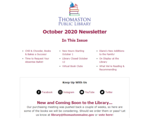 Screenshot of October 2020 Newsletter Table of Contents