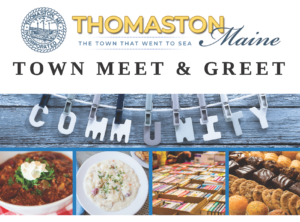 Thomaston Town logo above black text that reads "Town Meet & Greet" above 5 separate pictures in a grid: the 1st shows plastic letters spelling out "community" on a clothesline against a background of rustic gray wooden boards, the 2nd shows a bowl of chili on a red plaid tablecloth, the 3rd is a bowl of chowder, the 4th is boxes of books displayed for sale, and the 5th is a tray of muffins, cookies, brownies, and other baked goods on display