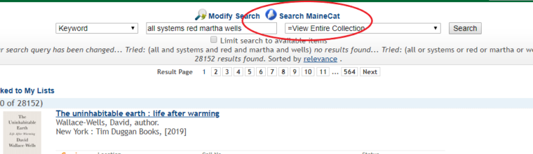 No Results in MILS, Search MaineCat button circled